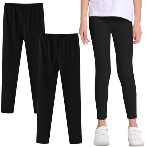 Domueay Leggings Bambina in Cotone, Pantaloni Lunghi Neri Traspirante Morbidi e Comodi per Bambine Tinta Unita Abbigliamento per Ragazze Sportive Danza Scuola, Confezione da 2, 8-9 Anni