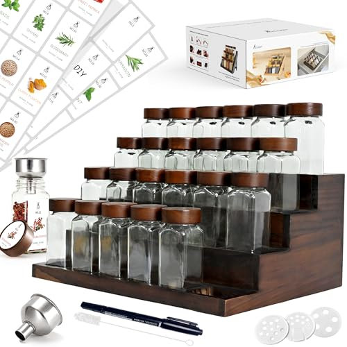 SAEIV Bocaux À Épices Carrés Avec Étagère En Bois D'Acacia 2-En-1 (FCM®) - Lot De 24X120Ml Saupoudreuses, 120 Étiquettes, Organisateur Avec Insert Distributeur, Bocaux Sans BPA