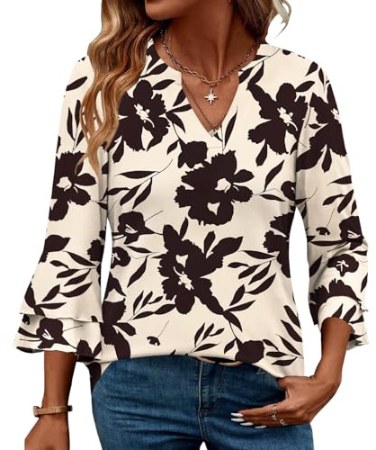 IEEILULU Blusa Donna Elegante Maniche a 3/4, Casual, alla Moda Scollo a V con Maniche a Volant Top (IT, Testo, M, Regular, Regular, Mandorla)