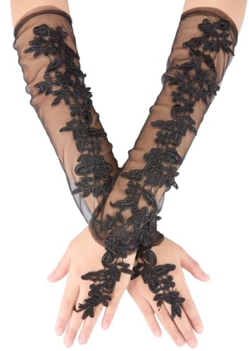 CABODYALS Long Black Lace Gloves Fingerless Arm Elbow Length Elegant Vintage Sheer Floral Pattern Mesh Tulle Opera Lace Gloves for Women Wedding Bridal Prom Dance Costume Evening Party Accessories