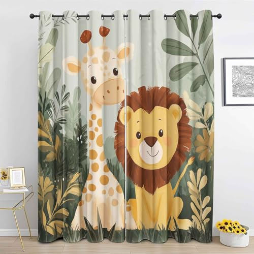 Dschungel Löwe Giraffe Vorhang, Safari-Tiere Gardinen mit Ösen 2er Set Verdunkelungsvorhang - Karikatur Tierwelt Vorhänge, Wohnzimmer Schlafzimmer Kinderzimmer Blickdichte vorhänge, 150x166 cm