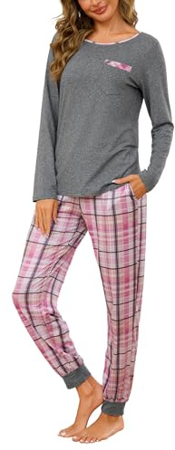 Leversic Pyjamas för kvinnor vinter 2 delar bomull pyjamas set rund hals topp pyjamas långärmad pyjamas och pyjamasbyxor med fickor, 1077 – mörkgrå, S