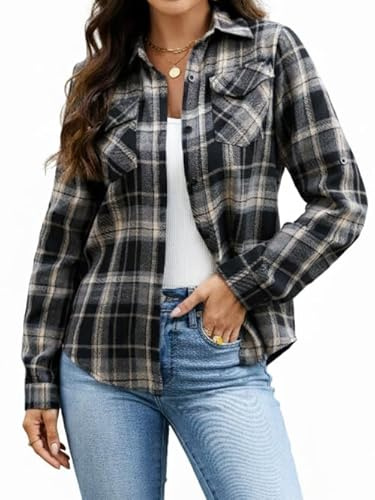 Famrrifuu Camicia Flanella Donna Classica Manica Lunga Camicia a Quadri Blusa Scozzese Button Down Casual Cotone Shirts Vintage, Nero, M