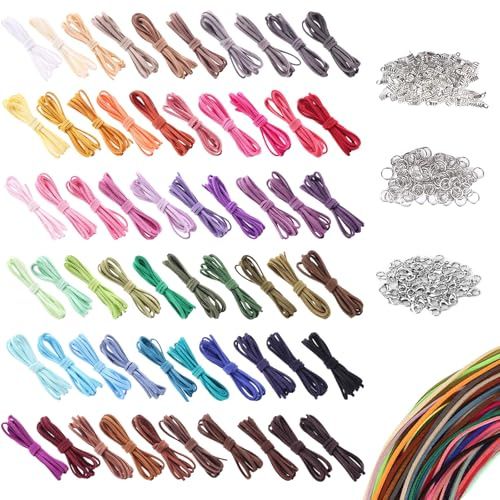 CATELL 60 Pezzi 60m 60 Colori Cordoncino in Pelle Scamosciata Cordino in Pelle Corda di Cuoio con 60 Chiusura a Moschettone 100 Fibbie e 100 Anelli Congiunzione per Artigianato e Gioielleria Fai da Te