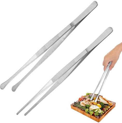 2 Stück Kochpinzette Edelstahl, 30 cm Küchenpinzette, Profi Küchenzange mit Gezackten Spitzen und Grillpinzette Rund, Koch Pinzette Feine Pinzettenzange für Grillen, Braten, Anrichten, Servieren