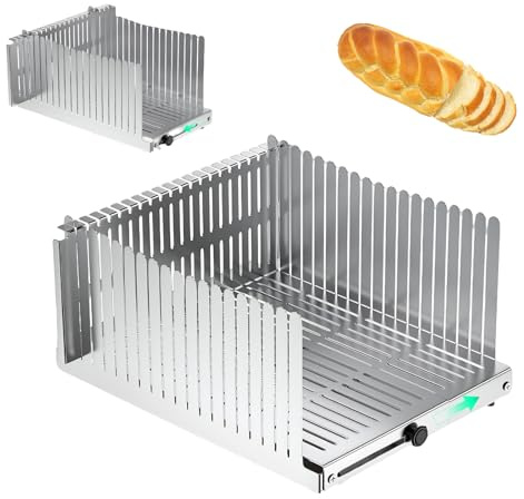 Rebanadora de Pan de Acero Inoxidable, Tabla Cortar Pan con Guía, Ancho Ajustable: de 14 a 21 cm, Grosor: 14 mm, Rebanadora de Pan Plegable para Bagels, Burritos, Tostada y Bizcocho