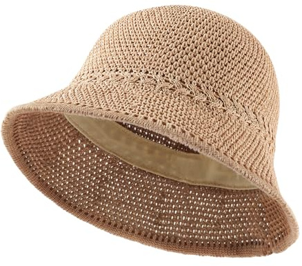 AYPOW Femme Crochet Été Chapeau de Soleil, Anti-UV Respirant Paille Bob Seau Chapeau à Large Bord, Léger Pliable Protection Solaire Causal Chapeaux de Pêcheur Casquettes Visière pour Adolescente Fille