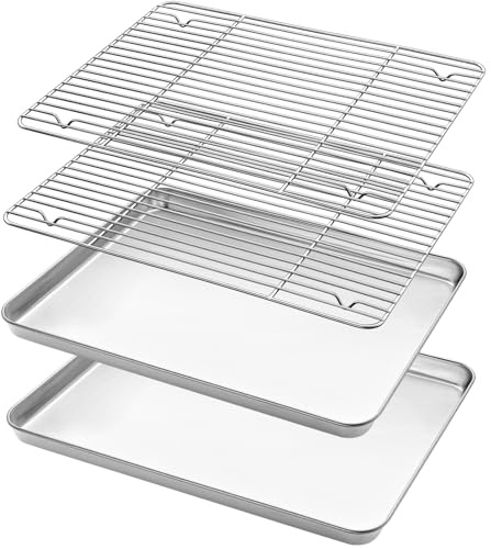 Stainless Steel Baking Sheets with Rack, HKJ Chef Cookie Sheets and Nonstick Cooling Rack & Baking Pans for Oven & Toaster Oven Tray Pans, Rectangle Size 12.5L x 10W x 1H inch & Non Toxic & Healthy