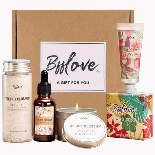 BFFLOVE Regalos para Mujer, Set de Baño y Ducha a Cerezo, Caja de Regalo de Cumpleaños, Set de Spa Incluye Sales de Baño, Vela Perfumada, Aceite de Masaje, Crema de Manos, Jabón