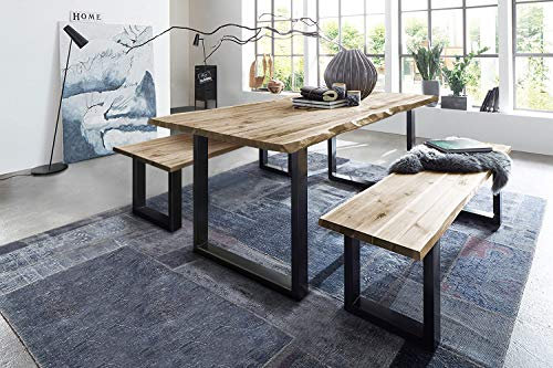 SAM 3 TLG. Essgruppe Quintus, Baumkantentisch 120x80 cm & -Bank 120x42 cm, Akazienholz massiv, naturfarben, U-Gestell Schwarz