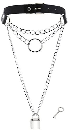 JKJF Gothic Leder Halsband Halskette Punk Leder Halsreif Choker Einstellbare O-Ring Halsband Kragen mit Schloss für Frauen Männer Party Cosplay Zubehör - Silber