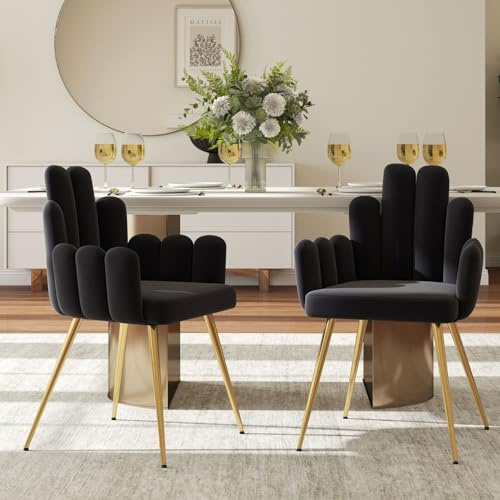 Stolus Matstolar 2 st, modern design vadderad fåtölj i sammet, svart | Speciell fingerformad design, guldpläterade metallben, mjuk sammet stoppad, för matsal eller fåfänga