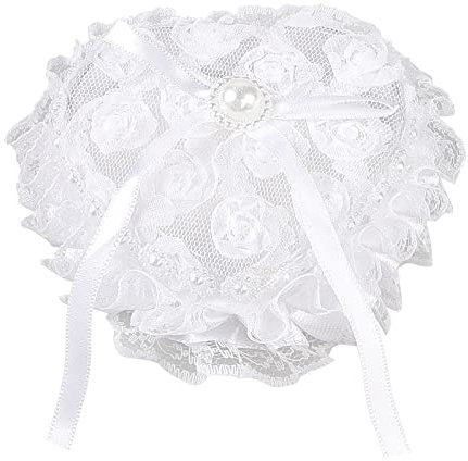 TINAYAUE Romantisch Herz-Ehering-Box Weißes Spitze Blumen Ring Kissen Rosenblütenknospen Eheringkissen Herzförmiges Rose Strass Perle Dekor weiches Ringkissen für Heiratsantrag, Verlobung, Hochzeit