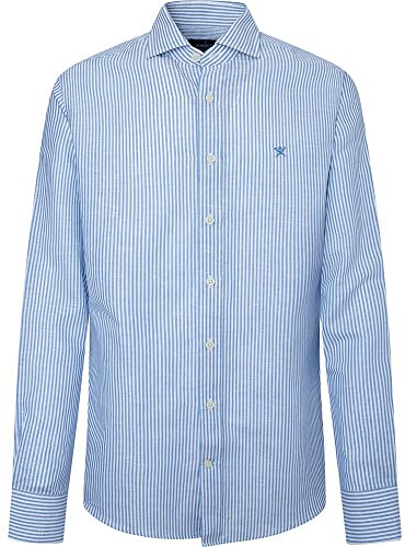 Hackett London Algodón Lino Bengala Camisa, Blanco/Azul, 15.5 para Hombre