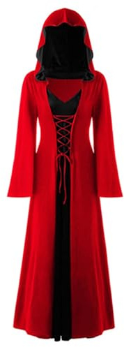 FSUJWOA Disfraces de Halloween para adultos medieval con capucha maxi vestido para mujer moda túnica cosplay(rojo y negro,XL)