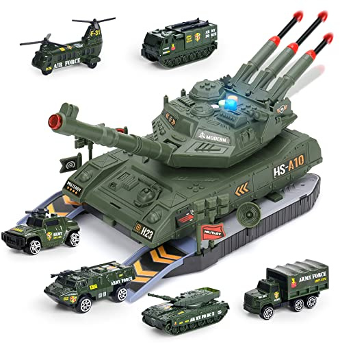 YOOYID Ensemble Jouets de Char, Base de Réservoir Transport Militaire avec 6 Mini Véhicules de l'armée en Alliage, Lumière Sonore Réaliste, Tourelle Rotative et Lance-Missiles, Cadeau de Jeu Parfait