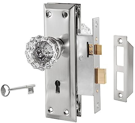 Newliplace Upgraded Mortise Lock Set for Interior Door, Antique Vintage Style Crystal Glass Door Knobs with Skeleton Key, Reversible for Left & Right Handed Door, Brushed Nickel Finish