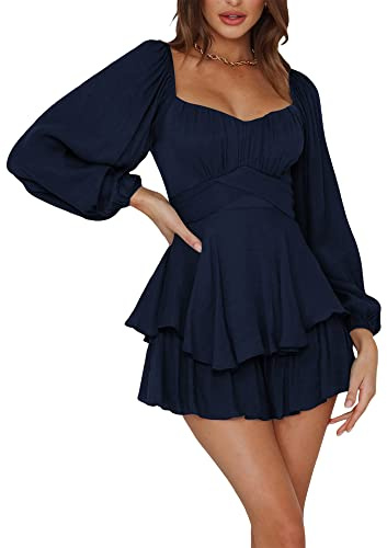 Springcmy Women Puff Sleeve Square Neck Romper Dress Off Shoulder Ruffle Shorts Smocked Layered Flowy A Line MiniBeach Swing Dress Sundress (C-Navy Blue, XL)