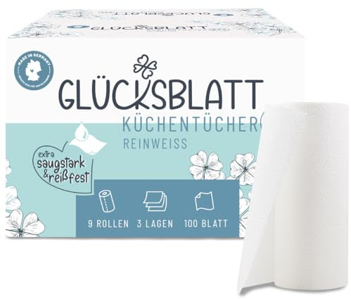 Glücksblatt Küchentücher, 9 Rollen á 100 Blatt, 3-lagige Küchenrollen Großpackung, plastikfrei, nachhaltig, Haushaltsrollen, Allzwecktücher, Papiertücher, Papierhandtücher, Küchenpapier