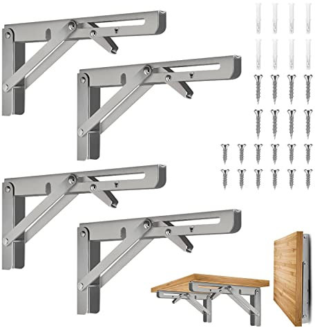 4 Stück Wand Klappkonsole Edelstahl Klappkonsolen,Wandmontierte Schwimmende Tischhalter,Schwerlastkonsole Regalträger Regalhalter Winkelträger Platzsparende DIY-Halterung, Tragkraft: 50kg(20cm/8in)
