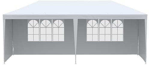 Outsunny Carpa de Jardín 6x3 m Pabellón con 4 Paredes Laterales y 2 Ventanas Visibles Anti-UV Impermeable Cenador Gazebo de Exterior con Marco de Acero para Fiestas Eventos Bodas Blanco