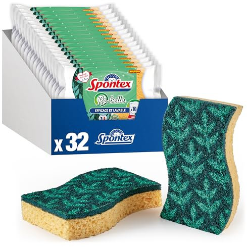 SPONTEX Re-Belle Schwämme – 32 Scheuerschwämme (16 Packungen mit je 2 Stück) – so schön wie effektiv – Geschirr aus 100% recycelten Fasern – 10 Mal waschbar
