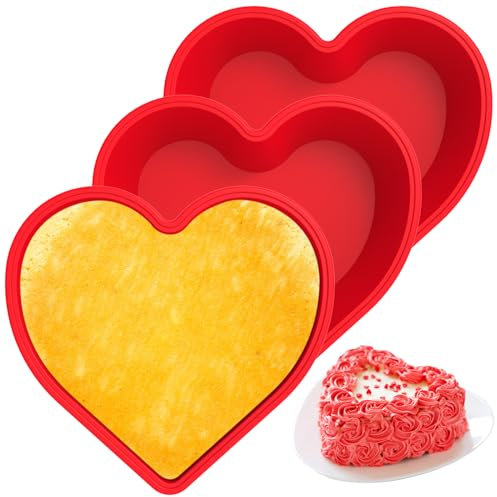 3 Pcs Silicone Heart Shaped Cake Tin 10 Inch Love Moulds BPA Free Baking Tray Reusable Pans Nonstick Cheesecake Molds Heat Resistant Tins for Chiffon