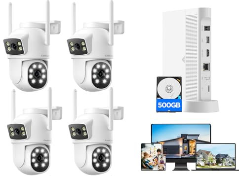 Camcamp 2.5K Kit Caméra Surveillance WiFi Extérieure sans Fil,Double Objectif & Double Vue,360°PTZ,10CH NVR et 500Go HDD, Audio bidirectionnel,Vision Nocturne Couleur,Suivi Auto,Enregistrement 24/7