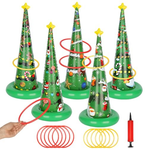 Aufblasbares Spiel Ringwurfspiel Kinder,Weihnachten Aufblasbar Wurfspiel Weihnachtsbaum Ringwurfspiel Set mit Luftpumpe, Ringspielzeug für Kinder, Familie, Schule,Partygeschenk,Wurfspiel