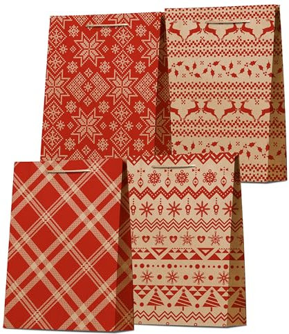 BIROYAL 12x XXL Geschenktüten Weihnachten, 23 x 18 cm Weihnachtstüten Papiertüten mit Griff, Weihnachts Kraft Geschenktaschen, Christmas Geschenktaschen für Aufbewahrung von Geschenken, Gebäck