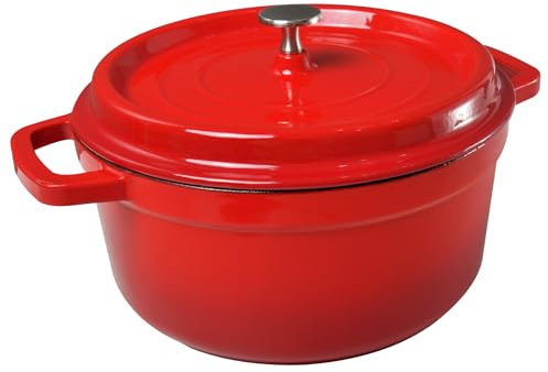 HOUSLUX Pentola in ghisa, 26 cm, 5,1 l, smaltata con coperchio, per cottura a induzione, per cucina, stufatura, arrosto (rosso, 26 cm)