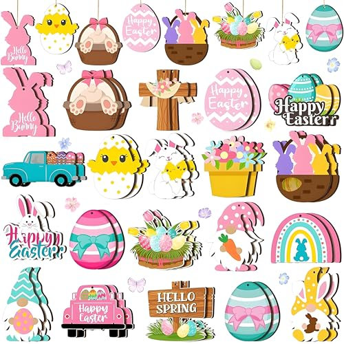 40 Pièces Jour de Pâques Ornements en Bois,Fanions de Pâques à Suspendre,Décoration Pâques à Suspendre en Bois,Cadeaux de Pâques,Décoration de fête de Pâques pour Home Office Classroom