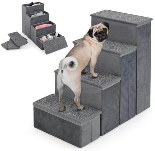 GYMAX Dog Stairs with Storage Box, 4 Steps Non-slip Foldable Pet Stairs, Portable Pet Climbing Ladder for Bed Sofa, Storage Boxes for Puppy Toys Treats