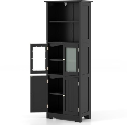 LIFEZEAL Mobiletto Alto da Bagno Salvaspazio, Mobiletto Multiuso in Legno, 60x30x163cm, Mobile Bagno con 2 Ante in Vetro, Armadietto da Terra con Ripiani Regolabile per Cucina e Soggiorno (nero)