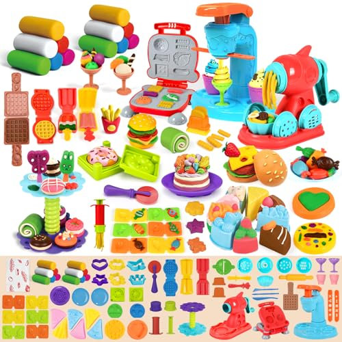 Aprilwolf 75 PCS 4 in 1 Dough Sets for Kids Ages 3-4-8, Art Crafts Dough Tools Kit, Ice Cream Playset Noodle Hamburger Maker Machine Dessert Rack, Kitchen Creations Food Play Toys Toddlers Boys Girls