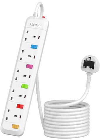 6M Long Extension Lead with Switches, Mscien 5 Way Extension Socket Surge Protected Overload Extension Cable, UK Power Strip Mountable with 6 Metre Extension Cord, 5 Gang Multi Plug