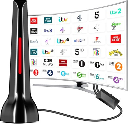 Portable Indoor TV Aerial, High Gain Freeview Smart TV Aerial Amplified with Signal Booster, Digital Antenna Indoor Ariel for USB TV Tuner/DVB-T Television/DAB Radio/SD/ 4K- Magnetic Base