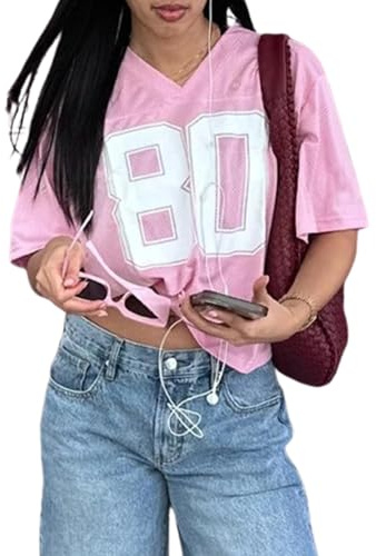 Cusghjbsg Women Basketball T-Shirt Summer Short Sleeve V Neck Number Print Loose Tops Oversized Jersey Baggy Pullover Shirt Streetwear (Pink B, S)