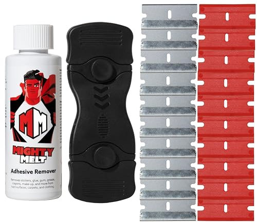 Mighty Melt Kit di rimozione adesivi, include 125 ml di solvente e raschietto in plastica multi-superficie, per pulire residui appiccicosi, etichette, adesivi e nastro adesivo da finestre, forni