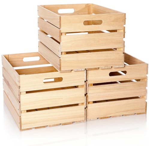 Weysat 3 Pack Large Wood Crates Box for Storage 16 x 12 x 9.5 Inches Unassembled Wooden Milk Crates with Handle Decorative Nesting Box for Winter Display Rustic DIY Office Home Retail Art Craft (Wood)