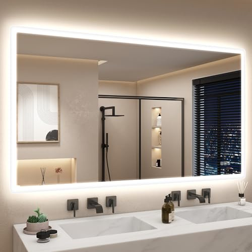 STARLEAD Badrumsspegel med belysning 140 x 80 cm, badrumsspegel med dimma Bluetooth, dimbar, 3 ljusfärger, minnesfunktion, IP44 härdat glas stor spegelbad, horisontell/vertikal