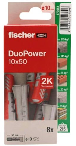 fischer - Duopower 10 x 50-8U, chevilles murales multi-matériaux, pour accrocher des vélos, des cadres, des armoires, des supports de télévision, des étagères, des meubles.