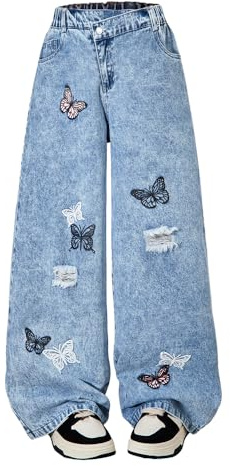 Nivne Tco Tween Girls Baggy Jeans, Wide Leg Zipper Denim Pants for Kids with Butterfly Embroidery & Ripped Detailing (US, Age, 9 Years, Blue)