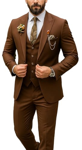 Costume de mariage 3 pièces pour homme Marron/gris | Tenue formelle de style smoking britannique avec revers en pointe pour marié et événements, marron, L