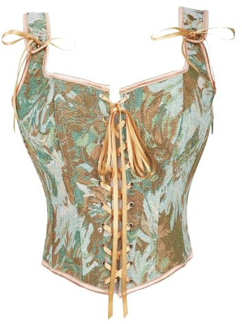 Ynport Crefreak Corsé Renacentista para Mujeres, Bustier Floral con Encaje en la Espalda y Escote Redondo, Top Gótico Victoriano Steampunk para Festival