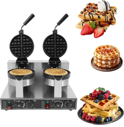 Sunseota Piastra per Waffle Commerciale, Piastra per Waffle a Doppia Testa Rotante in Acciaio Inox da 2400 W, Piastra per Waffle Belga Rotonda Antiaderente, Macchina per la Colazione