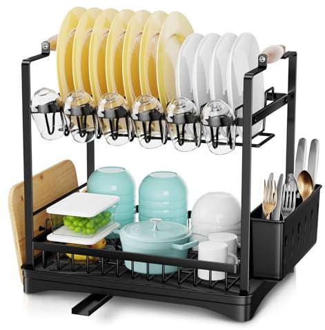 Scolapiatti da Appoggio con Vassoio Raccogligocce, Scolapiatti Di Grande Capacità con Porta Bicchieri, Utensili E Taglieri, Scolapiatti da Lavello per Ripiani Della Cucina