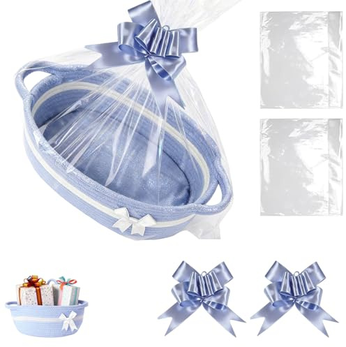 pozuauoa 5 Pcs Gift Basket Hamper Kit, Hamper Baskets for Gifts Empty, Gift Baskets Empty with Handles, Blue Basket Suitable for Baby Showers Birthdays and Storing Household Items