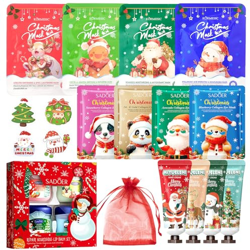 24 Pezzi Set Skin Care di Natale, con Maschere Viso Regalo Natale, Crema Mani natale, Patch Occhi, Balsamo per Labbra di NatalE, Maschera Viso Tessuto, per Ragazze e Donne