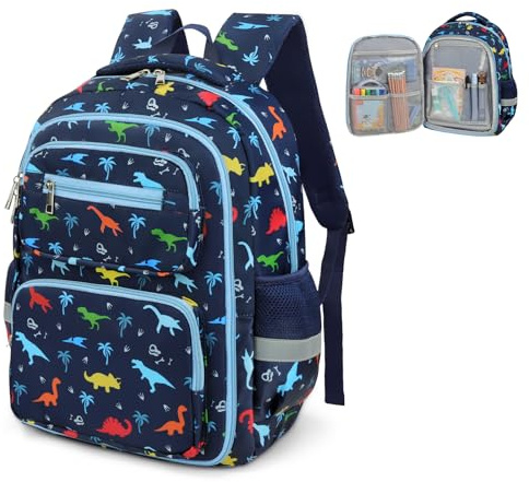 alldomess Zaini Scolastici per Bambini, Impermeabile Zaino Scolastico per Scuola Primaria e Secondaria, Grande Zainetto Bambino Leggero per Scuola e All'aperto, Dinosauro Blu